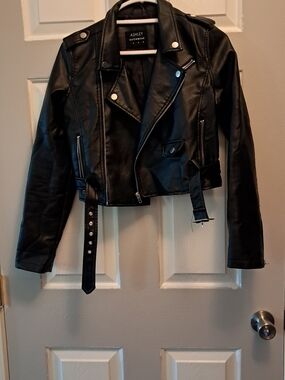 Ashley 26 International. Black Faux Leather Moto Jacket with Belt